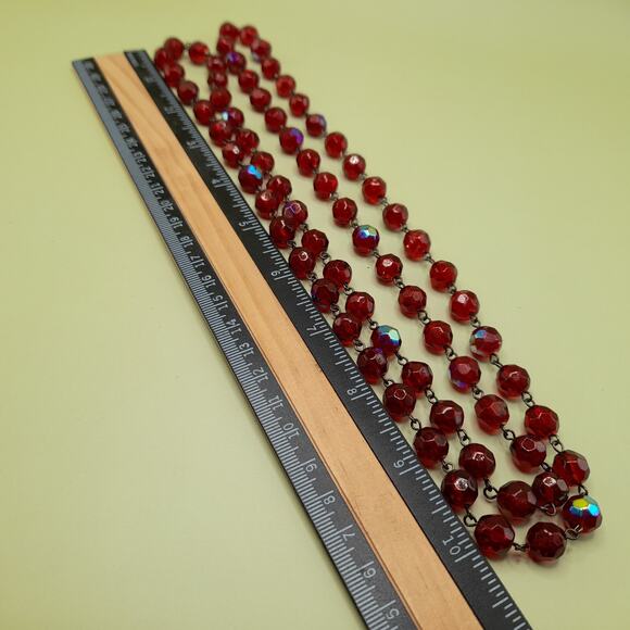 Vintage Czech Red Fire Polished Bead Necklace 42” Wire Wrapped No Clasp Jewelry - Picture 4 of 9